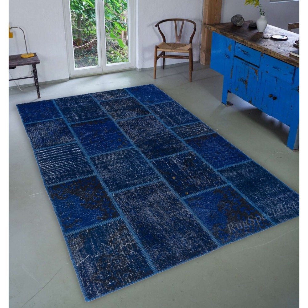 Popular Navy Blue Handmade Patchwork Rug, Modern Turkish Carpet, Custom Options Available