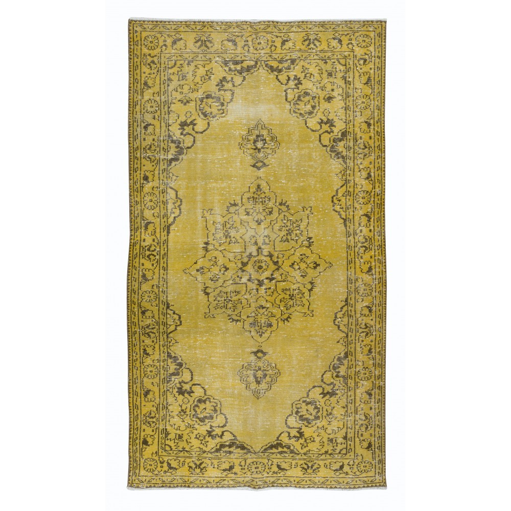 Contemporary Handmade Turkish Rug in Yellow, Vintage Medallion Design Carpet