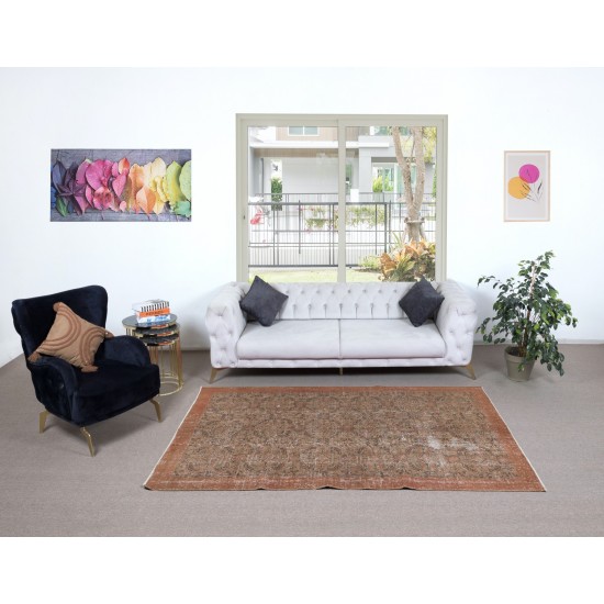 Modern Hand-Made Floral Design Turkish Area Rug with Solid Caramel Border and Brown Background