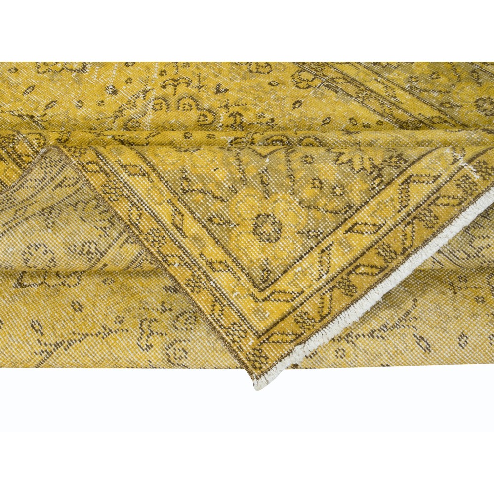 Upcycled Handmade Turkish Area Rug, Yellow Over-Dyed Carpet with Floral Design