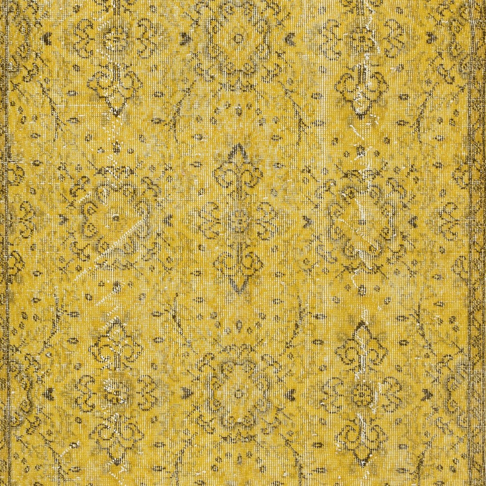 Upcycled Handmade Turkish Area Rug, Yellow Over-Dyed Carpet with Floral Design