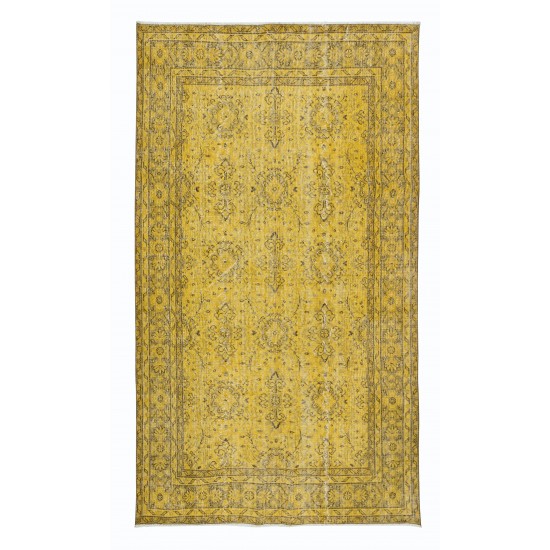 Upcycled Handmade Turkish Area Rug, Yellow Over-Dyed Carpet with Floral Design