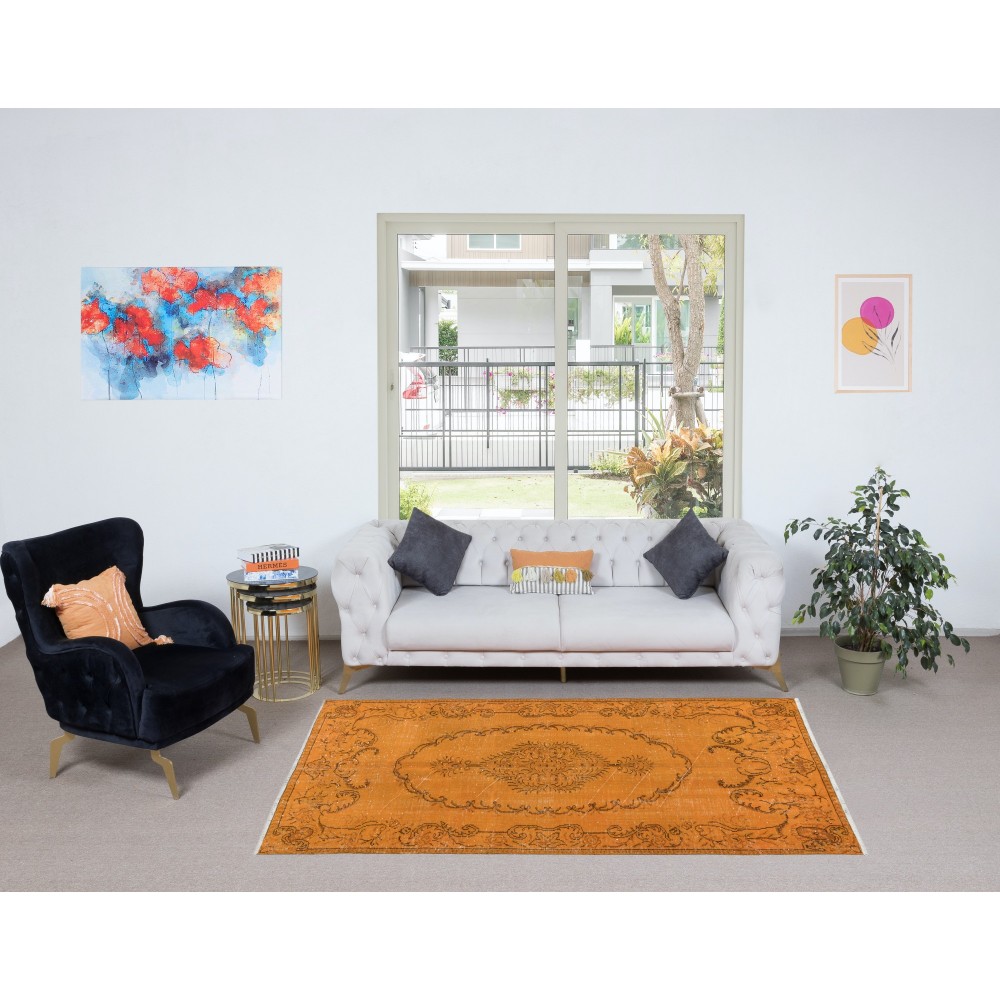 Orange Handmade Turkish Area Rug, Bohem Eclectic Room Size Carpet