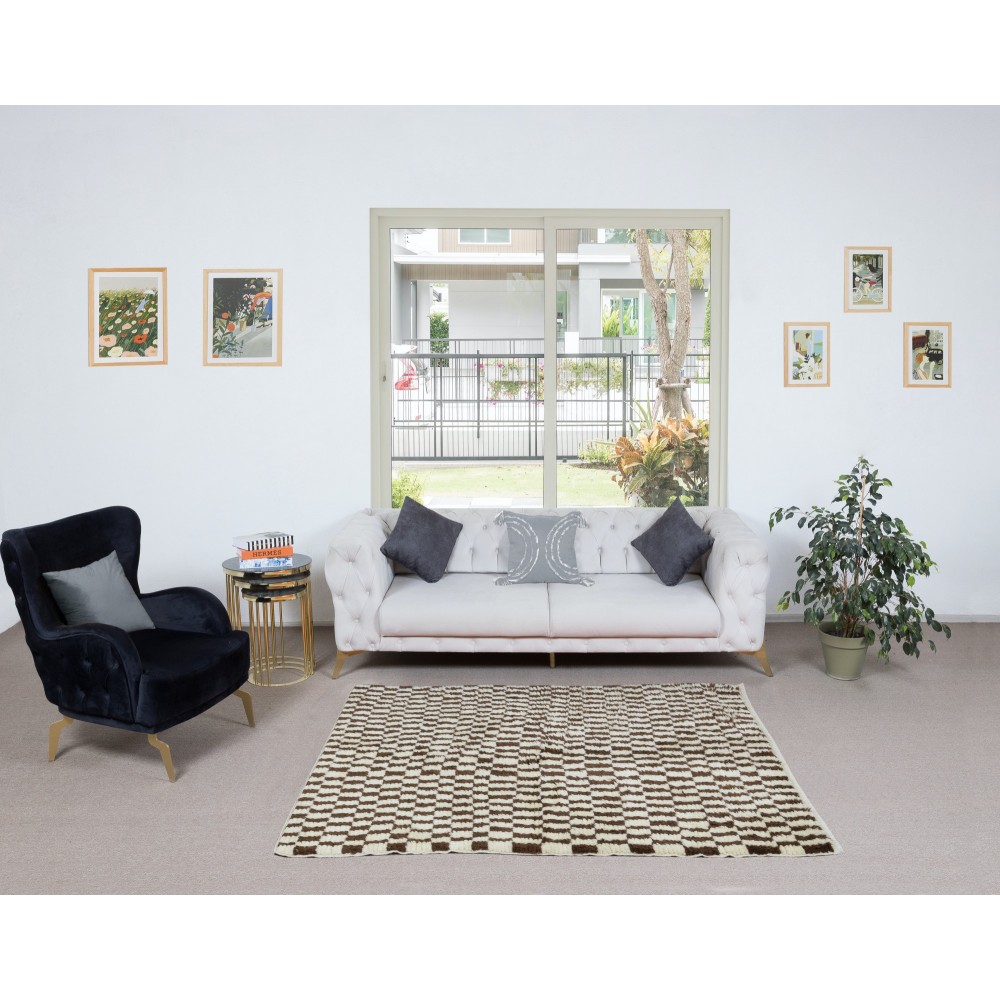 Hand Knotted Tulu Rug in Brown & Beige. All Wool. Modern Checkered Bespoke Carpet