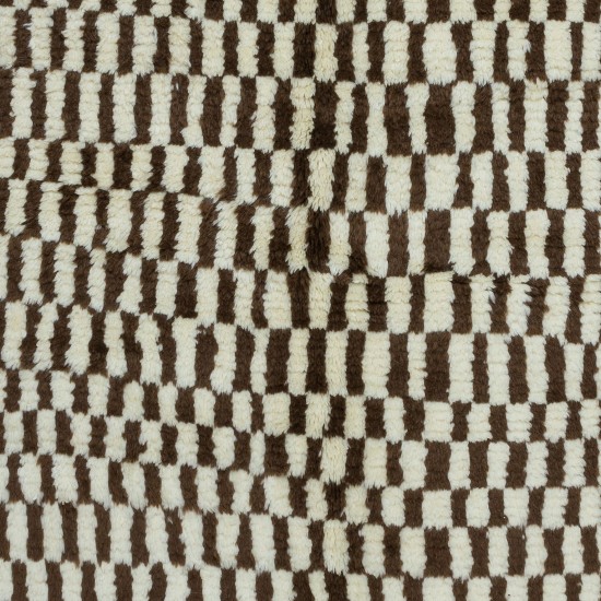 Hand Knotted Tulu Rug in Brown & Beige. All Wool. Modern Checkered Bespoke Carpet