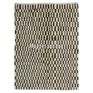 Hand Knotted Tulu Rug in Brown & Beige. All Wool. Modern Checkered Bespoke Carpet