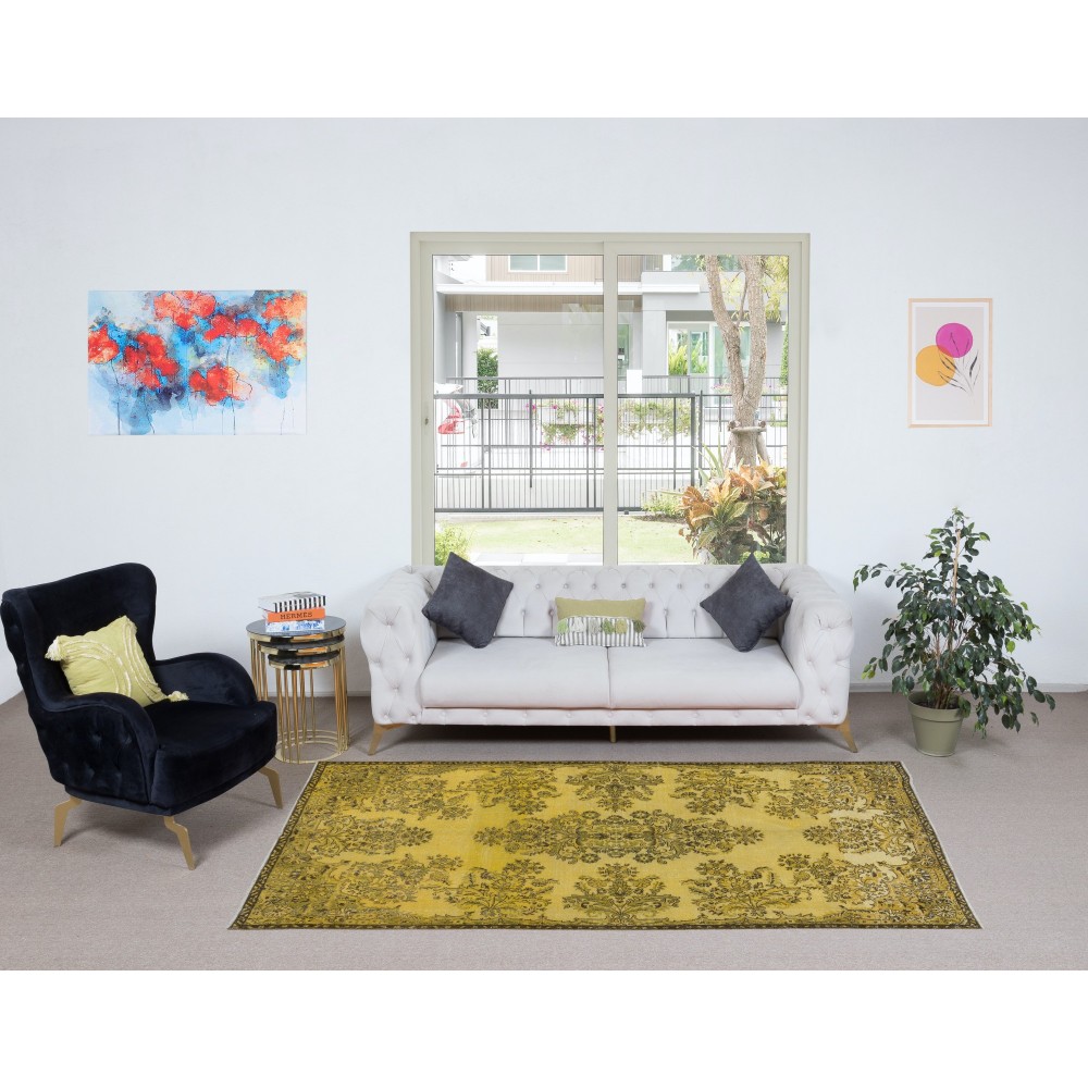 Contemporary Handmade Turkish Rug with Floral Garden Design & Yellow Background
