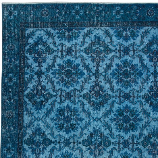 Blue Handmade Turkish Area Rug with All-Over Botanical Design