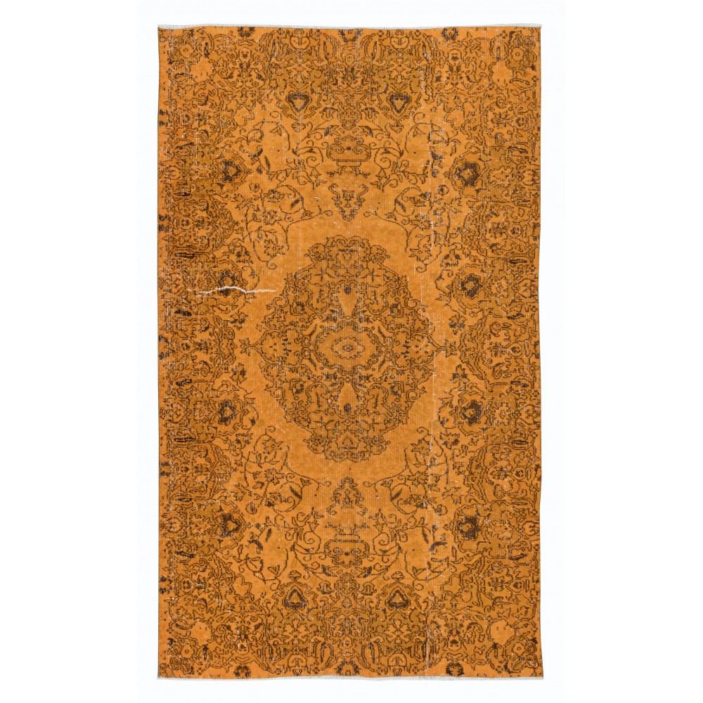 Handmade Orange Area Rug from Turkey, Modern Medallion Design Wool Carpet