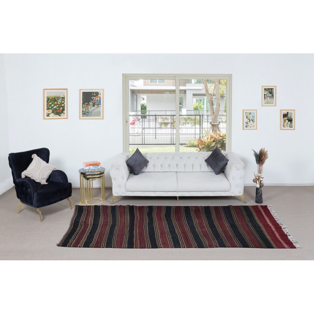 Hand-Woven Striped Anatolian Kilim Rug, Flat-Weve Vintage Carpet 100% Wool
