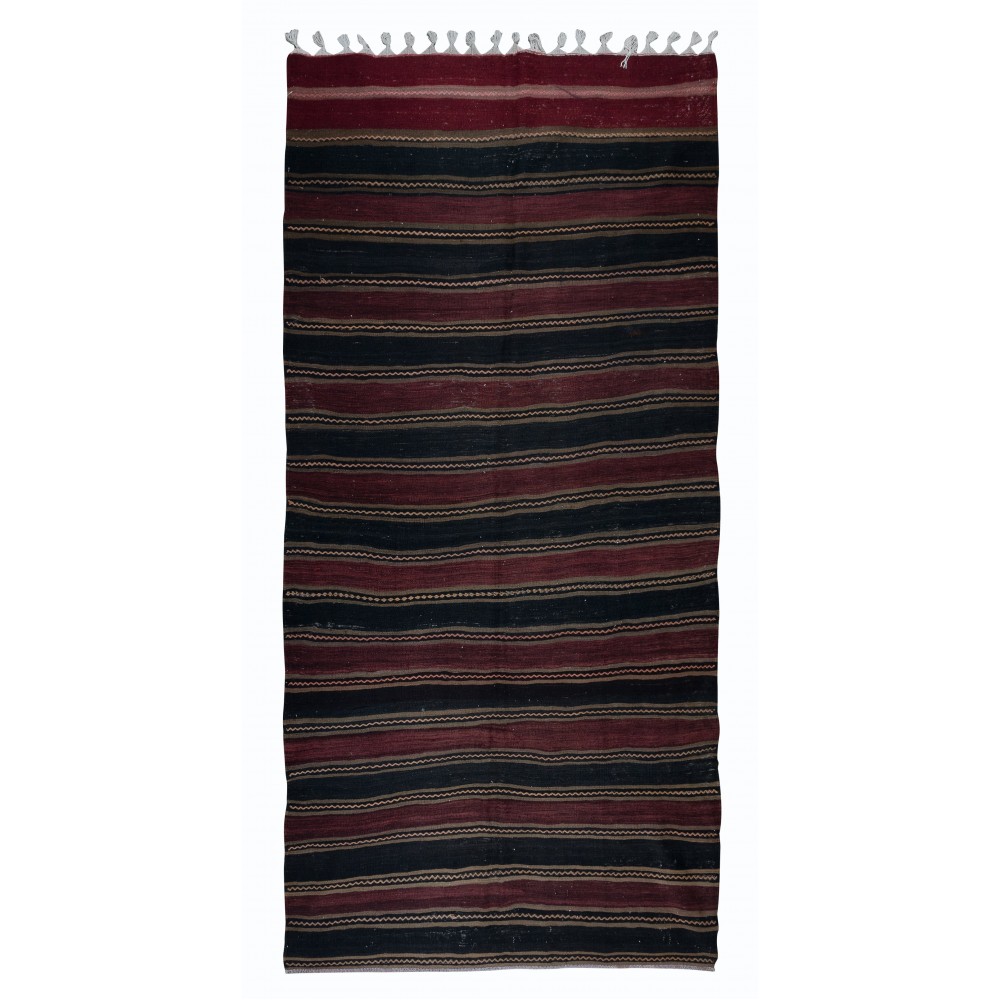 Hand-Woven Striped Anatolian Kilim Rug, Flat-Weve Vintage Carpet 100% Wool