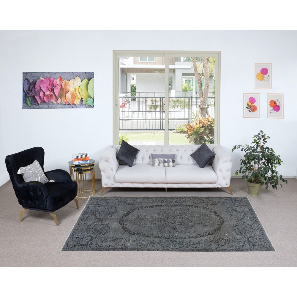 Handmade Turkish Rug Over-Dyed in Gray, Vintage Wool and Cotton Carpet
