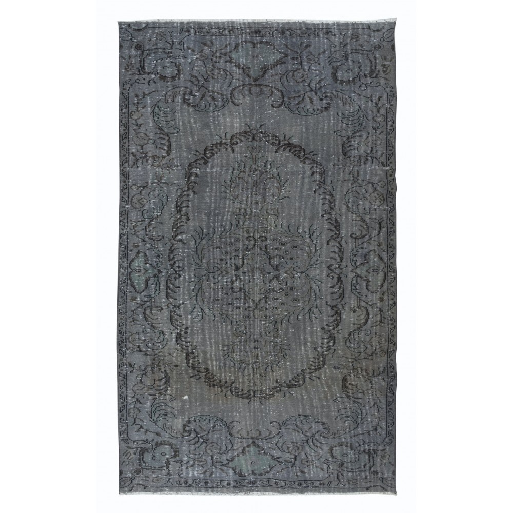 Handmade Turkish Rug Over-Dyed in Gray, Vintage Wool and Cotton Carpet