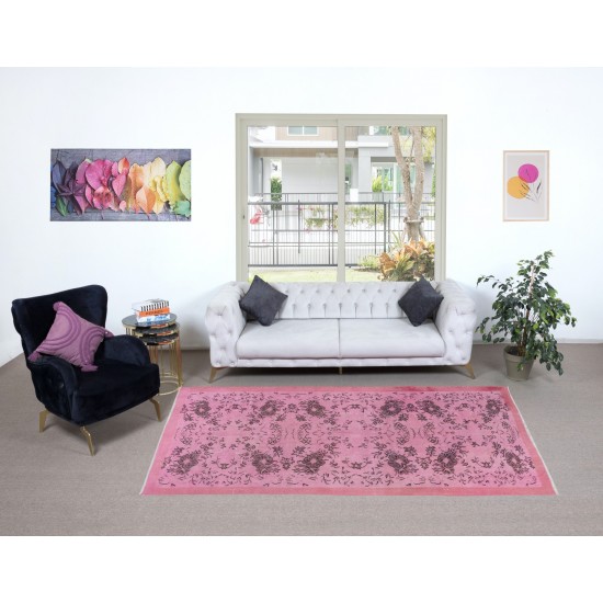 Handmade Turkish Area Rug with Pink Background and Solid Border, Modern Floral Pattern Carpet