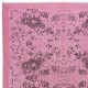 Handmade Turkish Area Rug with Pink Background and Solid Border, Modern Floral Pattern Carpet