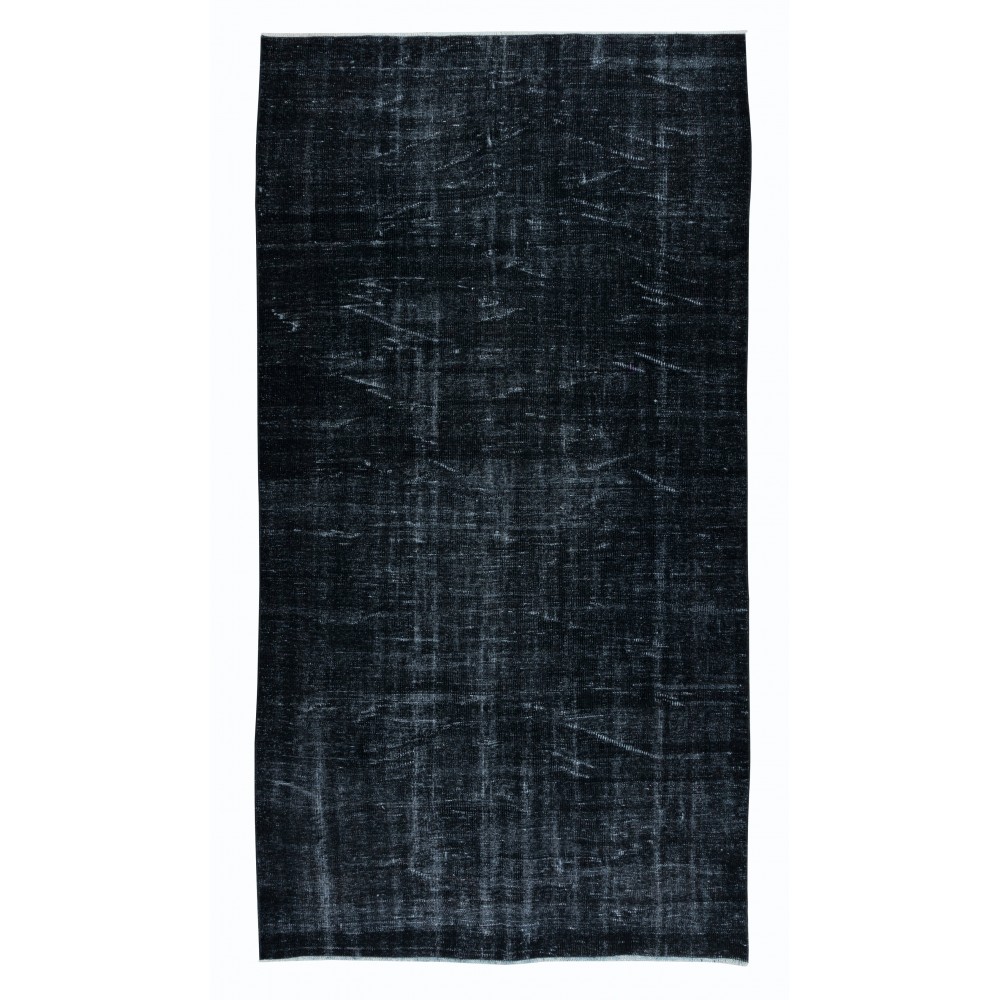 Overdyed Wool Black Area Rug, Handmade in Turkey, Modern Upcycled Carpet