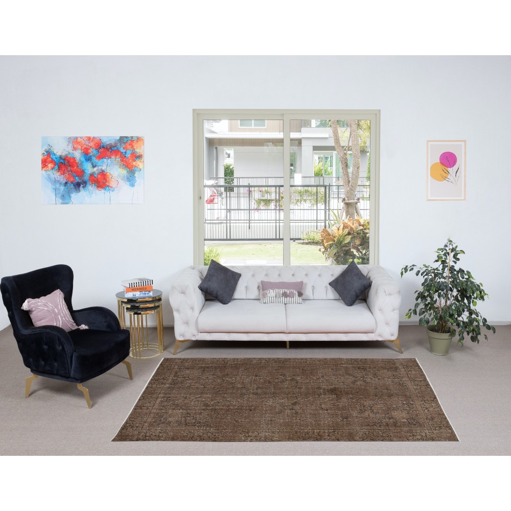 Room-Size Handmade Turkish Rug Re-Dyed in Brown for Modern Living Room Decor