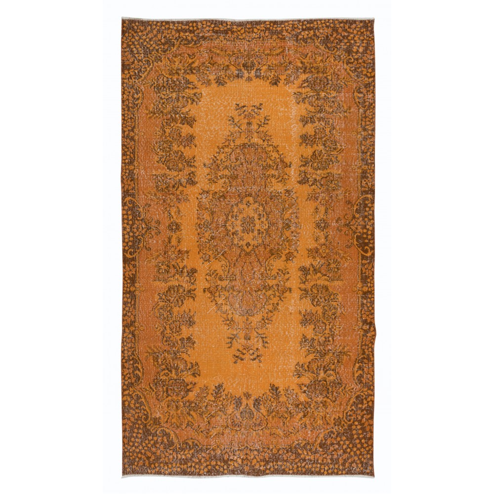 Handmade Turkish Salon Rug in Orange, Modern Bedroom Carpet with Medallion Design