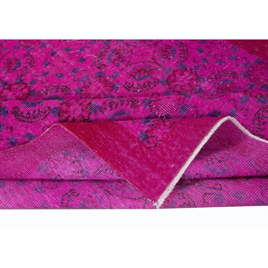 Vivid Pink Handmade Turkish Rug with All-Over Floral Design & Solid Border