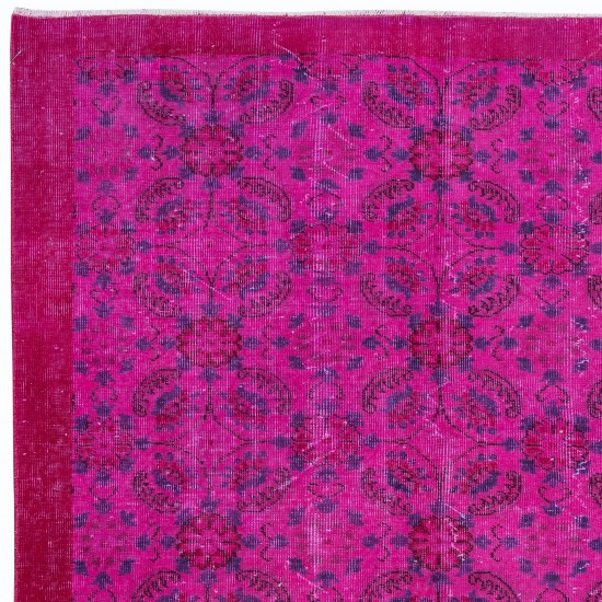 Vivid Pink Handmade Turkish Rug with All-Over Floral Design & Solid Border
