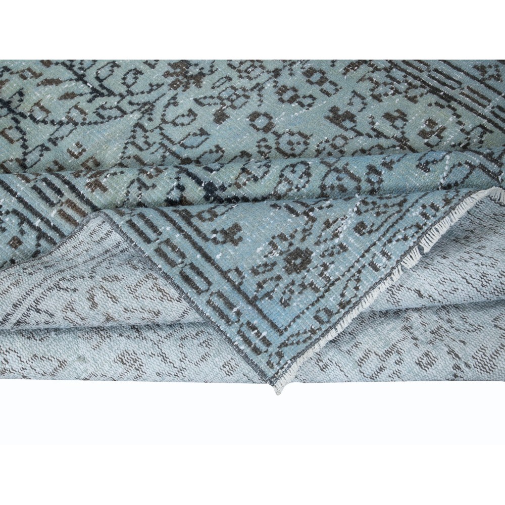 Floral Patterned Handmade Turkish Rug Over-Dyed in Light Blue