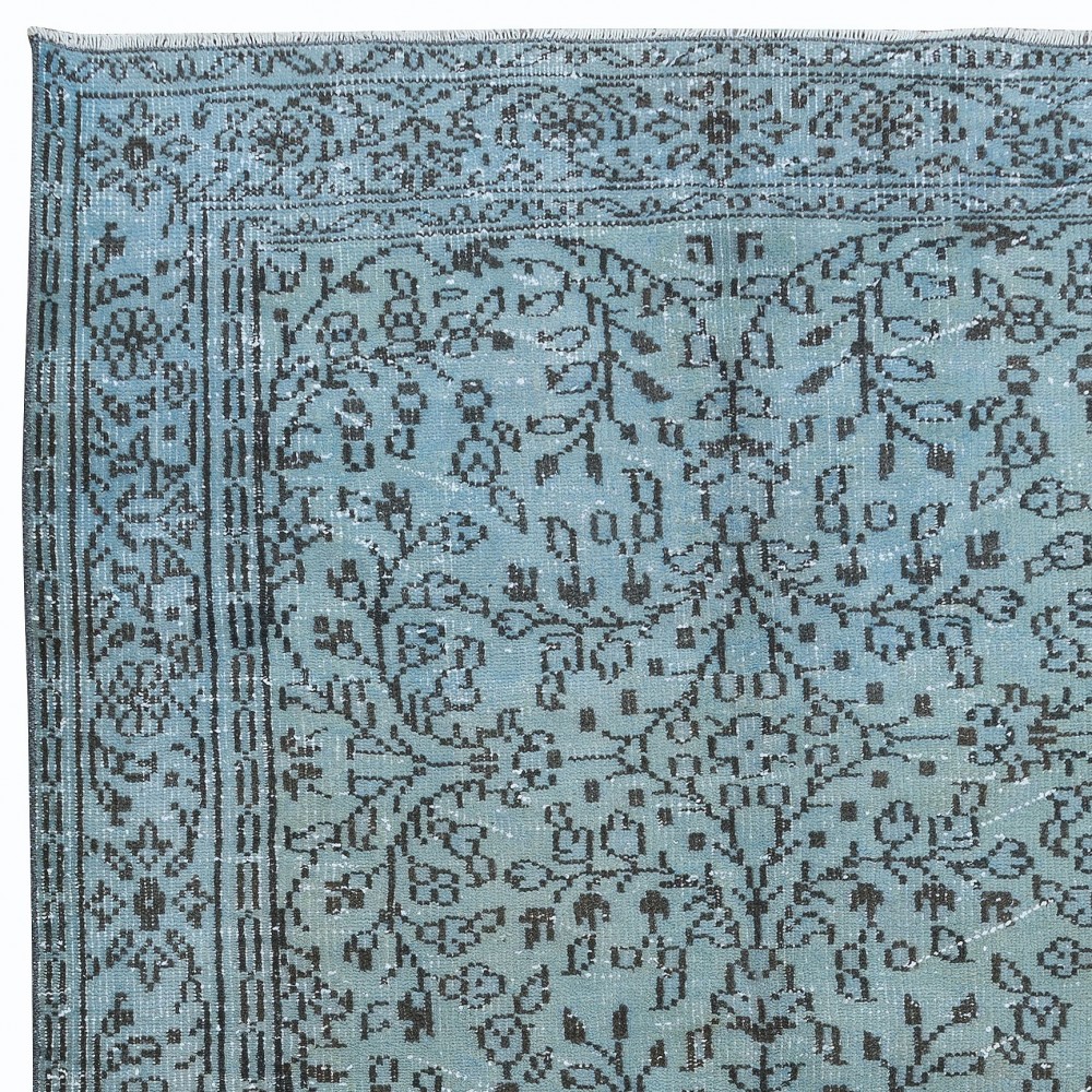 Floral Patterned Handmade Turkish Rug Over-Dyed in Light Blue