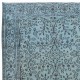 Ethnic Handmade Turkish Rug Over-Dyed in Light Blue, Vintage Floral Pattern Carpet made of wool & cotton