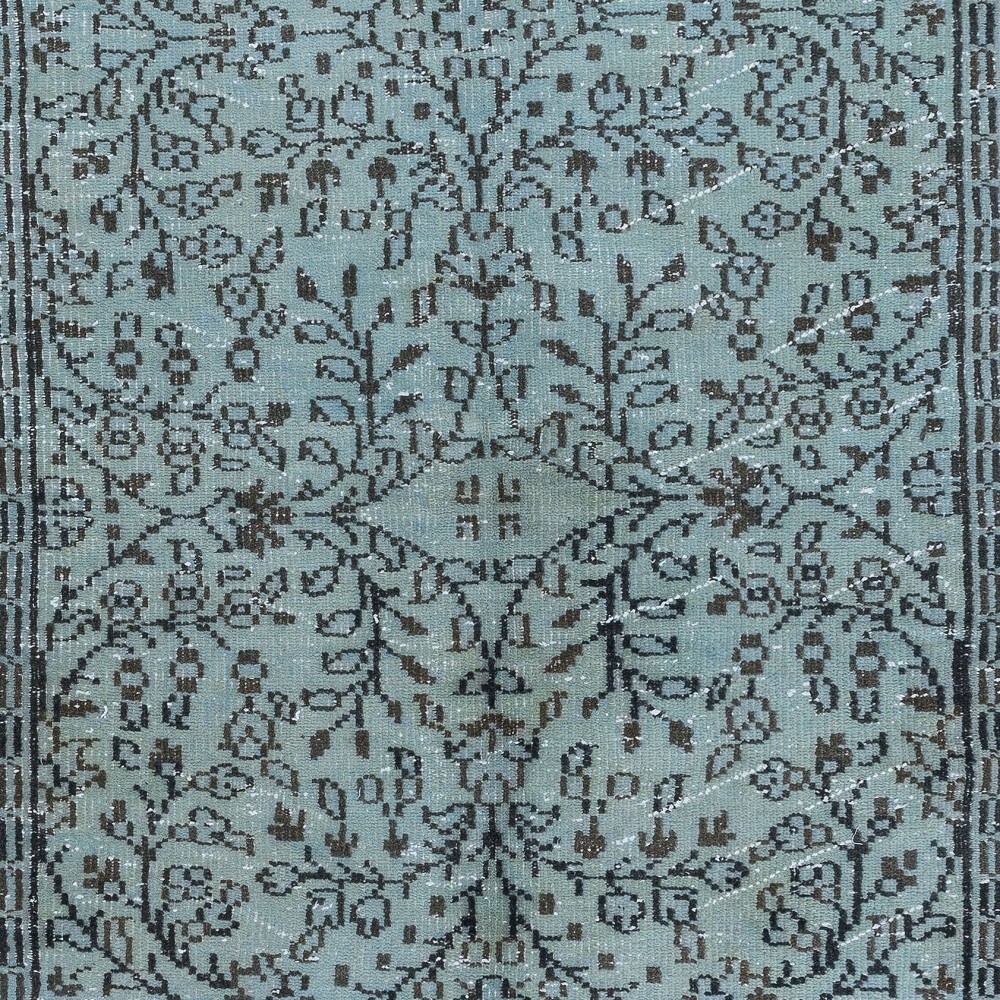 Floral Patterned Handmade Turkish Rug Over-Dyed in Light Blue