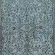 Ethnic Handmade Turkish Rug Over-Dyed in Light Blue, Vintage Floral Pattern Carpet made of wool & cotton