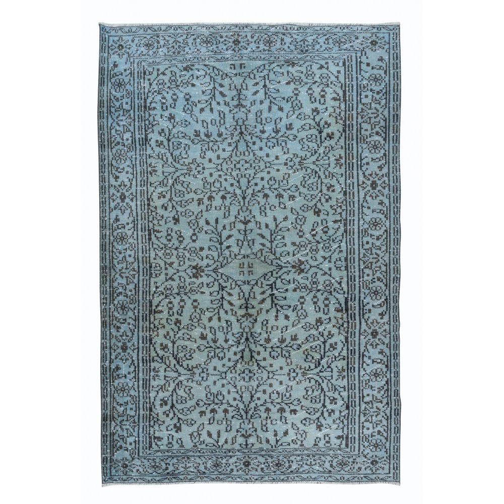 Floral Patterned Handmade Turkish Rug Over-Dyed in Light Blue