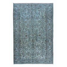 Floral Patterned Handmade Turkish Rug Over-Dyed in Light Blue