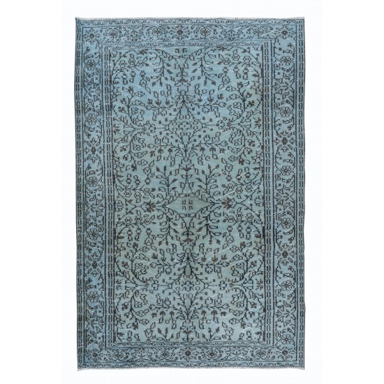 Ethnic Handmade Turkish Rug Over-Dyed in Light Blue, Vintage Floral Pattern Carpet made of wool & cotton