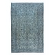 Floral Patterned Handmade Turkish Rug Over-Dyed in Light Blue