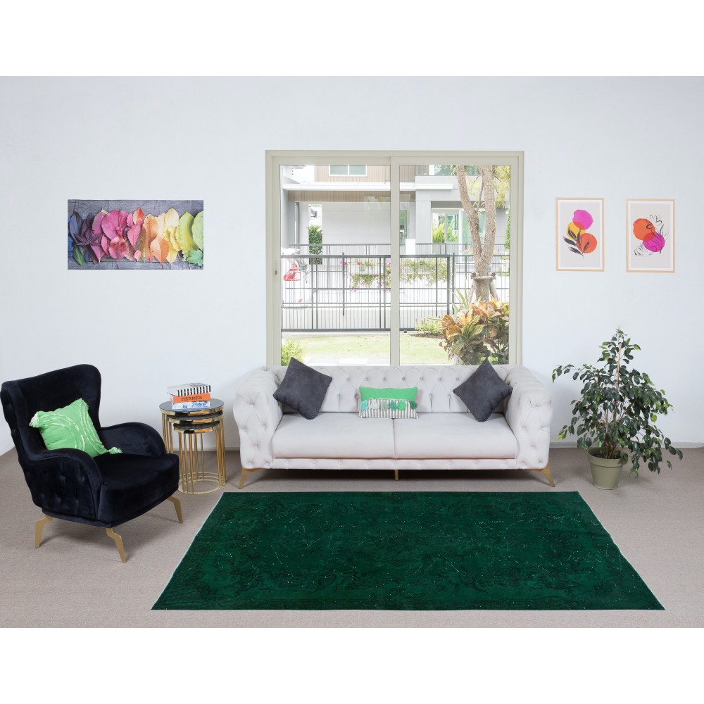 Hand-Made Turkish Area Rug in Forest Green, Modern Carpet, Woolen Floor Covering