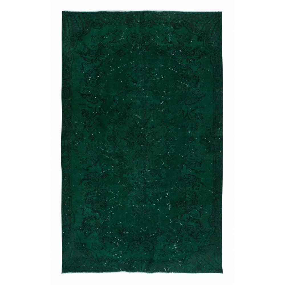 Hand-Made Turkish Area Rug in Forest Green, Modern Carpet, Woolen Floor Covering