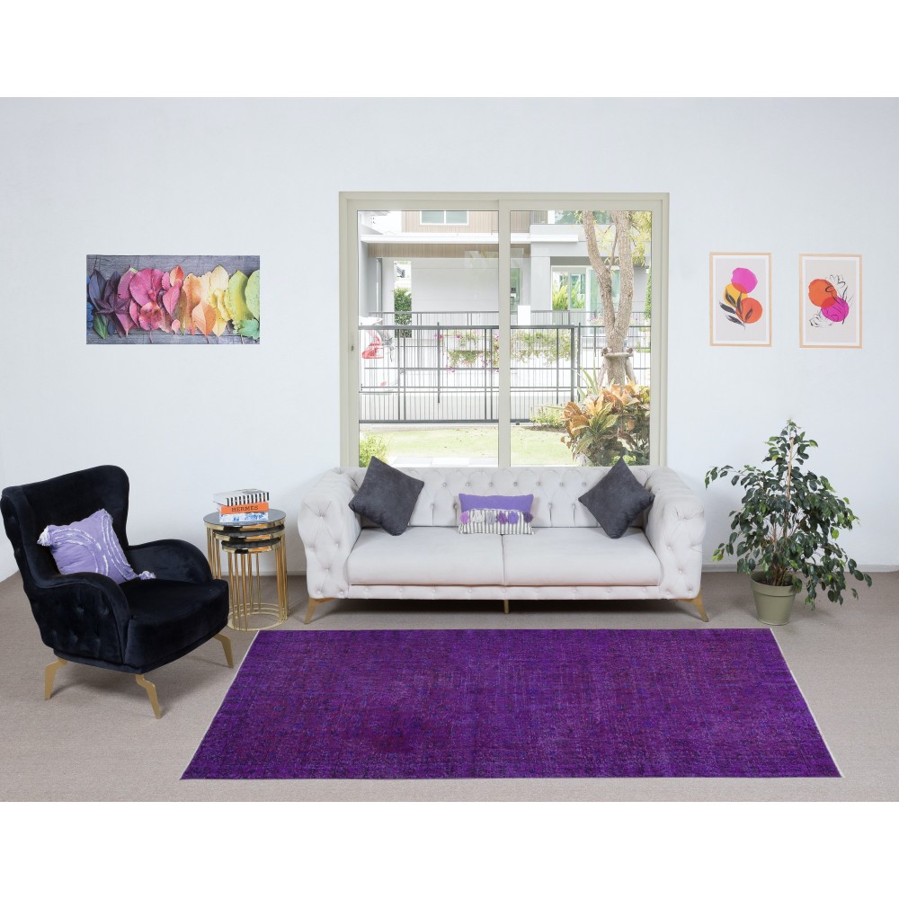 Dark Purple Handmade Room Size Area Rug. Modern Turkish Carpet. Floral Pattern Rug for Living Room