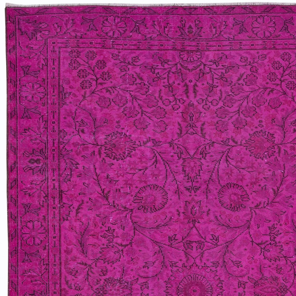 Modern Handmade Turkish Vivid Hot Pink Rug with Flower Design