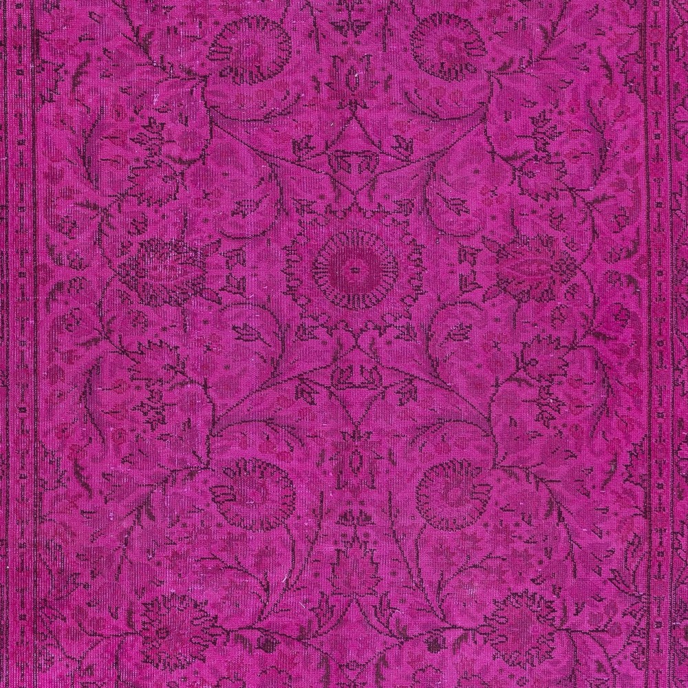 Modern Handmade Turkish Vivid Hot Pink Rug with Flower Design
