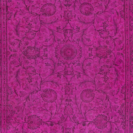 Modern Handmade Turkish Vivid Hot Pink Rug with Flower Design