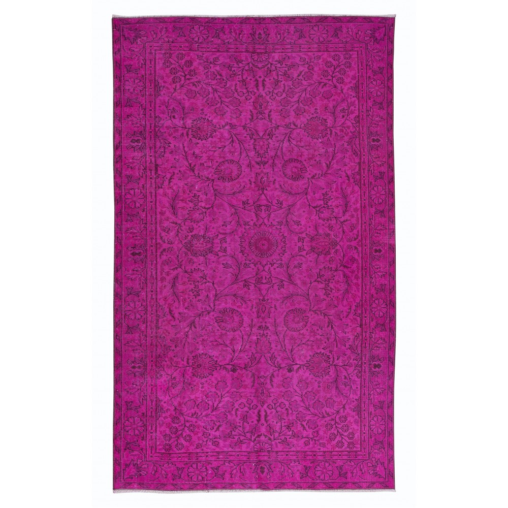Modern Handmade Turkish Vivid Hot Pink Rug with Flower Design
