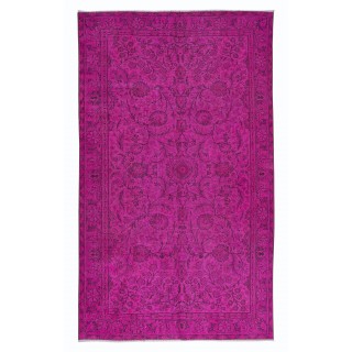 Modern Handmade Turkish Vivid Hot Pink Rug with Flower Design