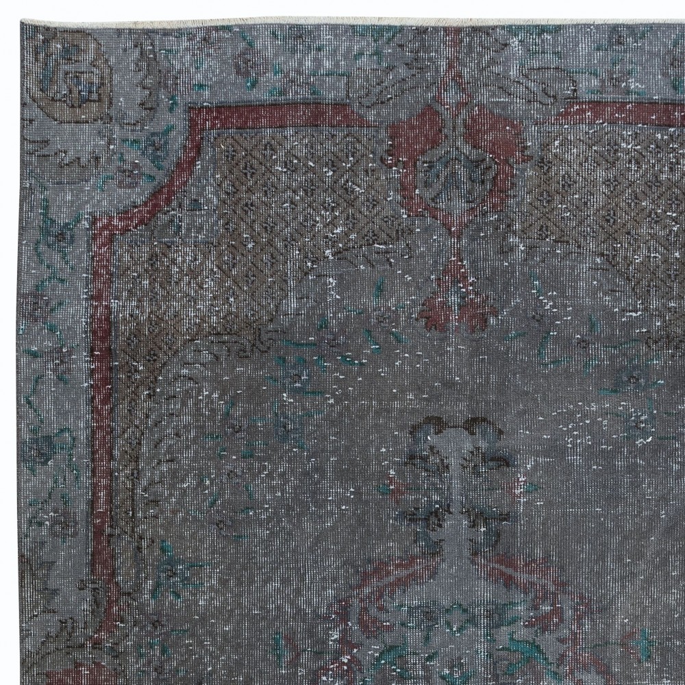 Modern Handmade Turkish Low Pile Area Rug in Gray, Maroon Red & Green