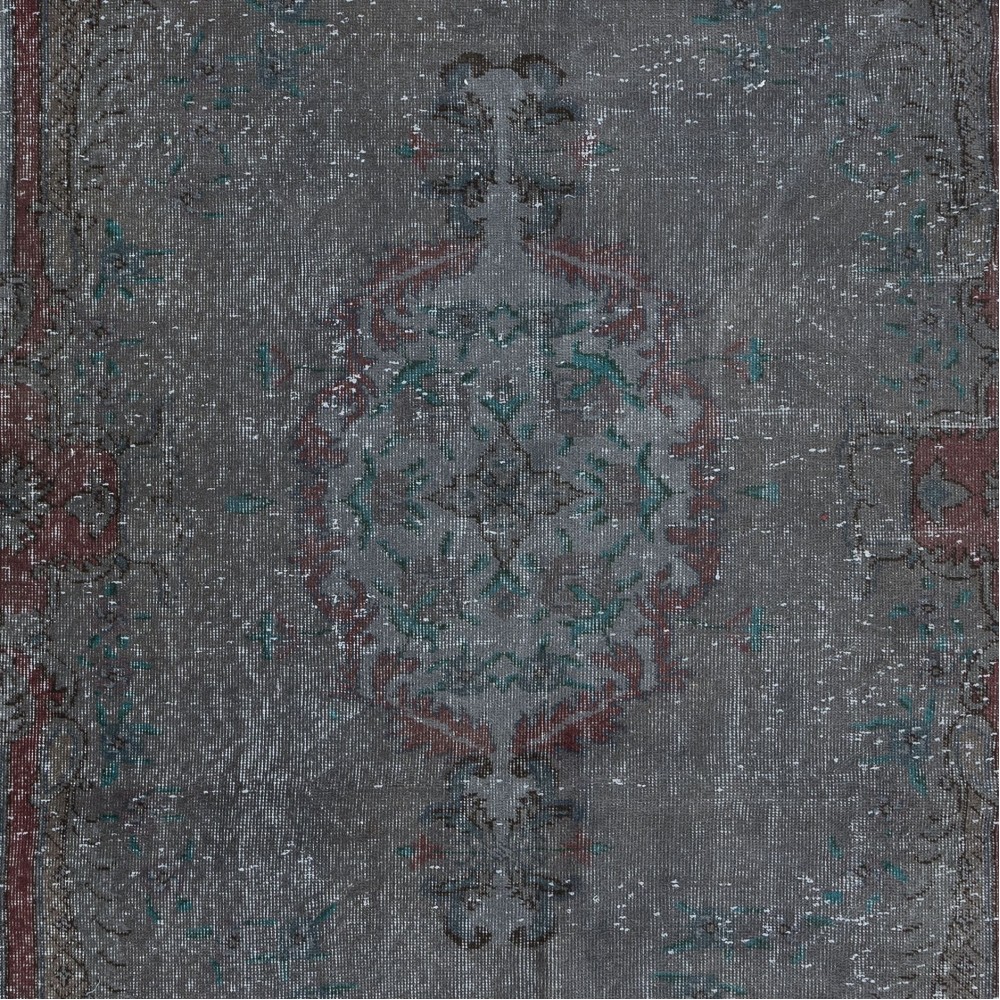Modern Handmade Turkish Low Pile Area Rug in Gray, Maroon Red & Green