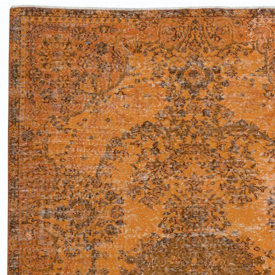 Handmade Turkish Wool Area Rug Over-Dyed in Orange with Medallion Design