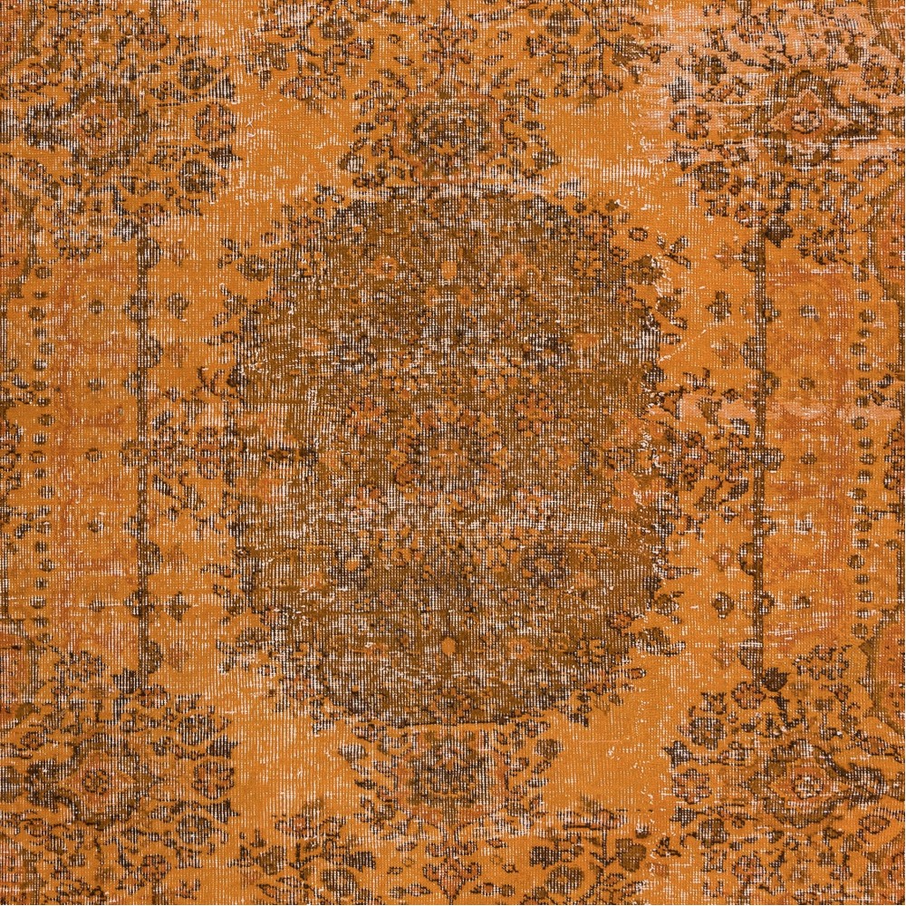 Handmade Turkish Wool Area Rug Over-Dyed in Orange with Medallion Design