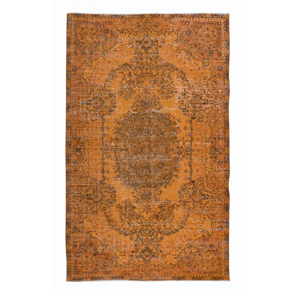 Handmade Turkish Wool Area Rug Over-Dyed in Orange with Medallion Design