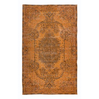 Handmade Turkish Wool Area Rug Over-Dyed in Orange with Medallion Design