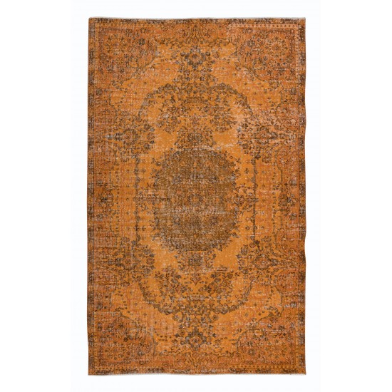Handmade Turkish Wool Area Rug Over-Dyed in Orange with Medallion Design