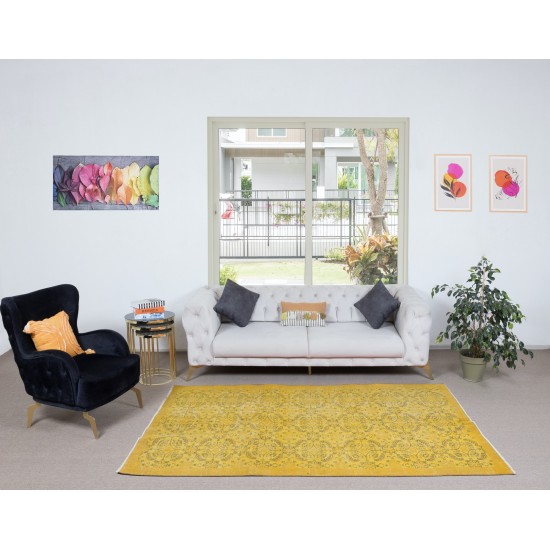 Handmade Floral Pattern Turkish Area Rug with Amber Yellow Border & Mustard Yellow Background