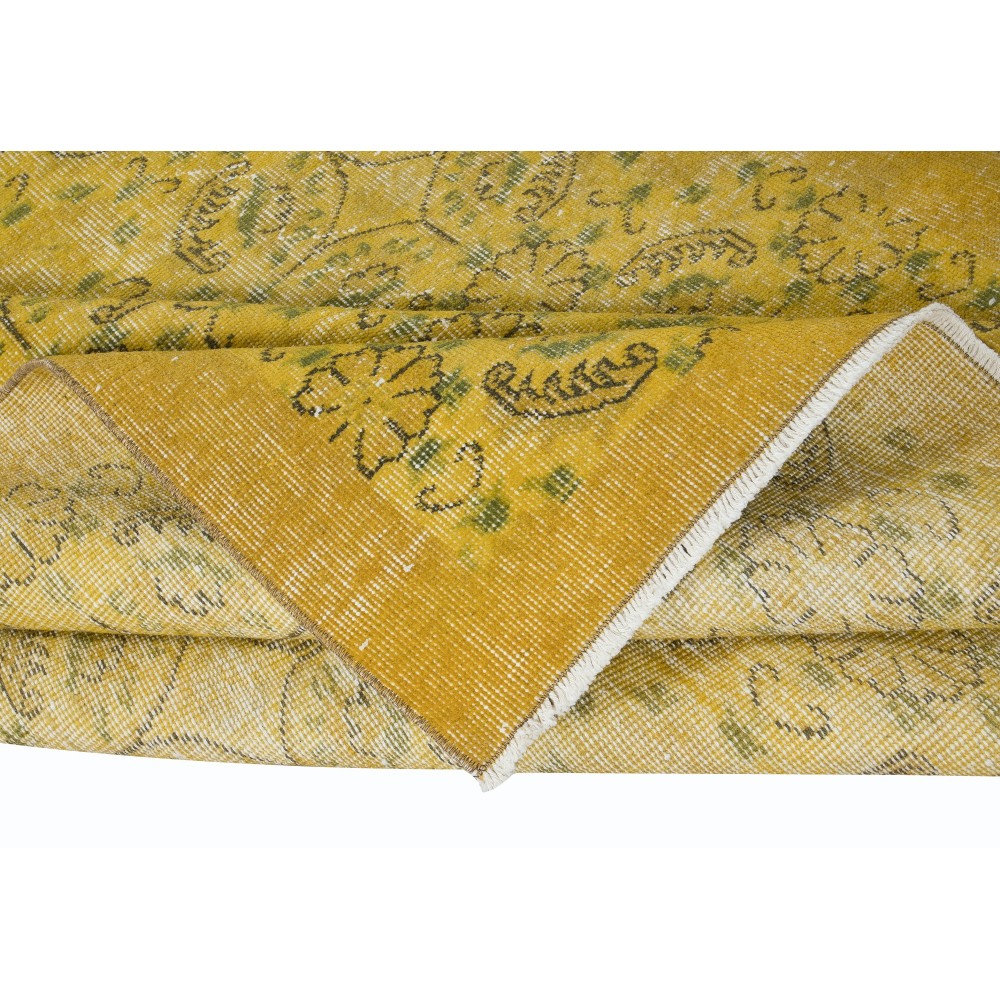 Handmade Floral Pattern Turkish Area Rug with Amber Yellow Border & Mustard Yellow Background